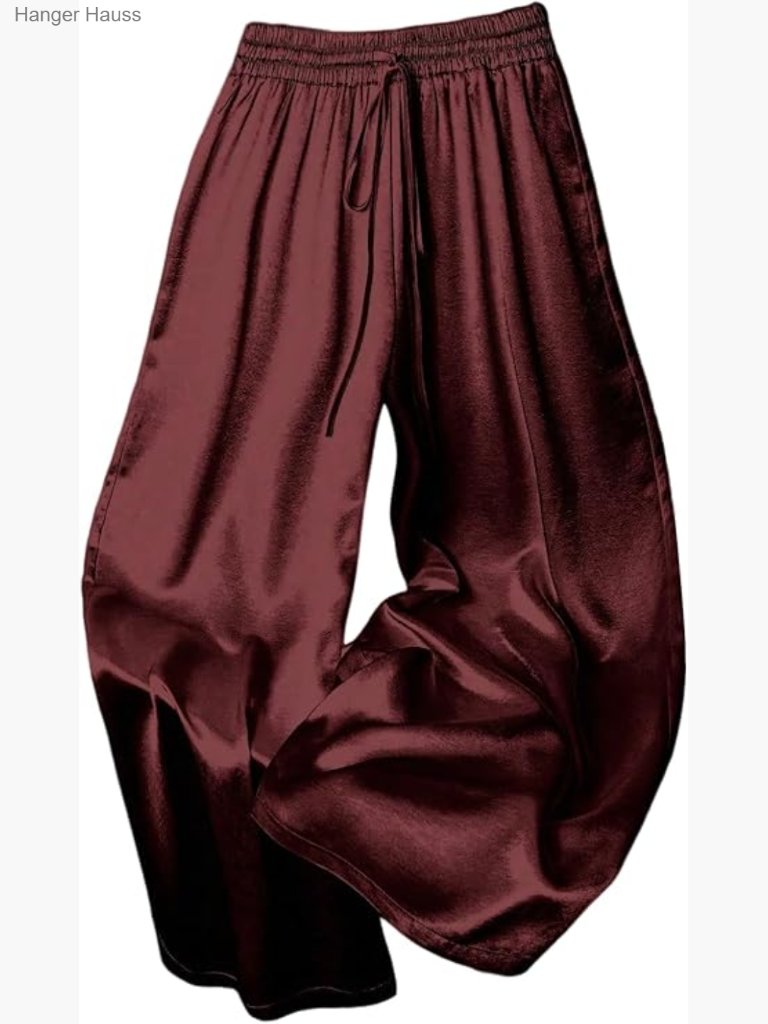 Plus Size Satin Wide Leg Pants With Drawstring Elastic Waist Dressy Casual